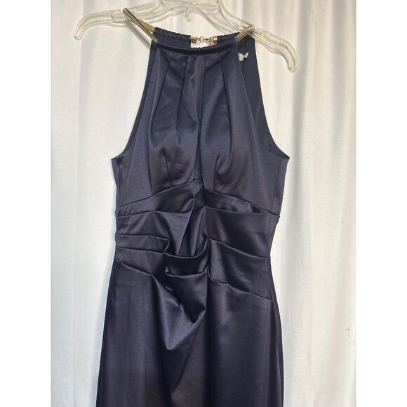 Eliza J Blue Satin Sleeveless Halter Dress With Gold Chain Detail & Back Zipper - Picture 2 of 7